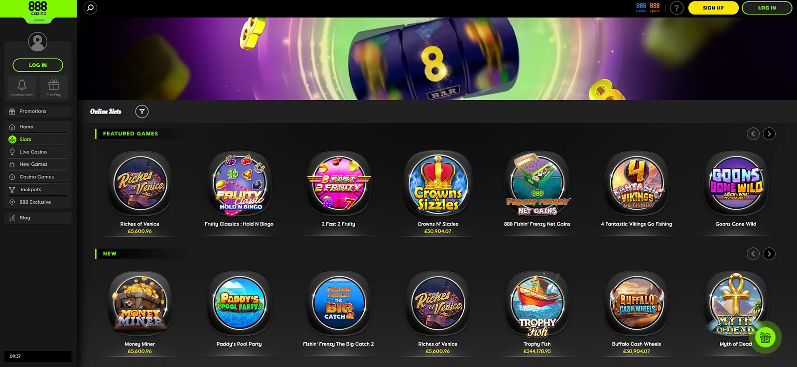 888Casino interface